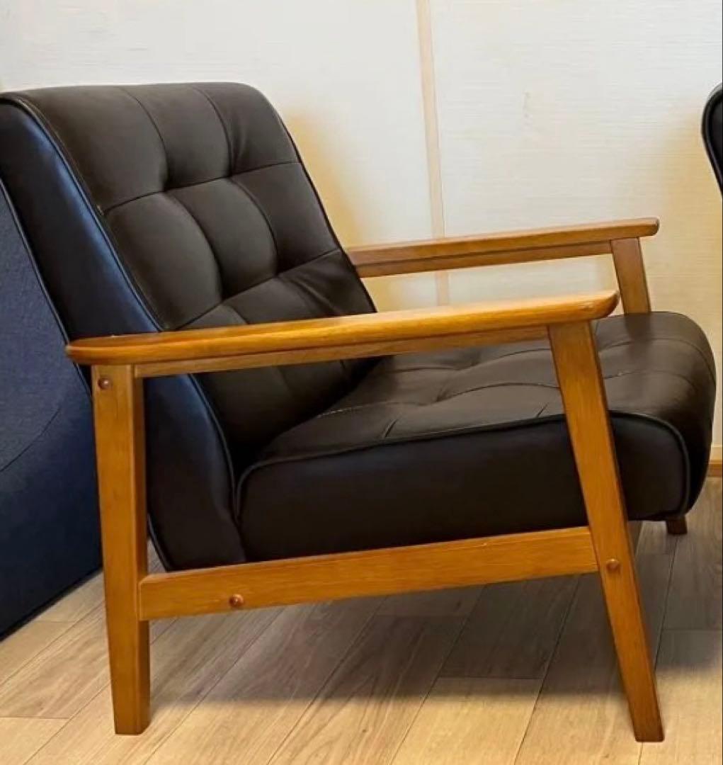 1人掛けソファ ブラウン 木肘 レトロモダン　A