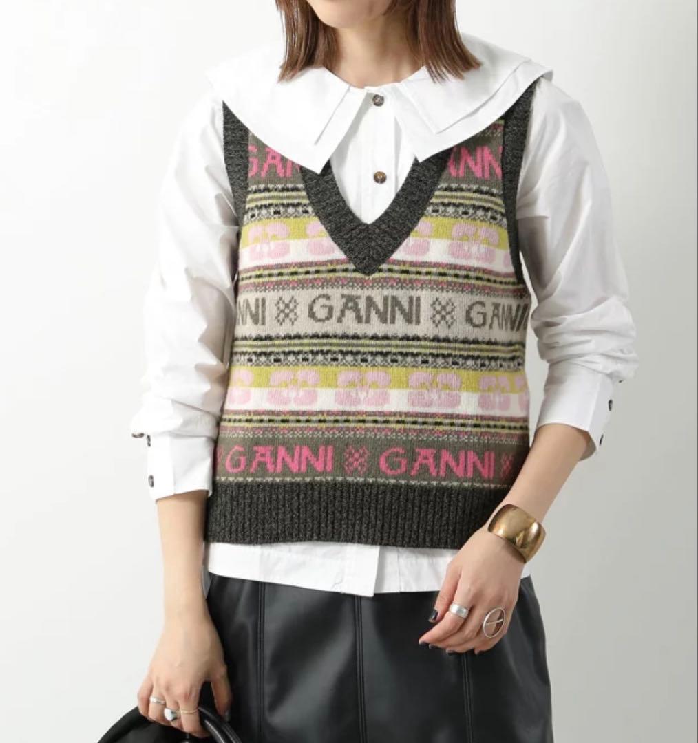 GANNI ニットベスト ピンク グレー
