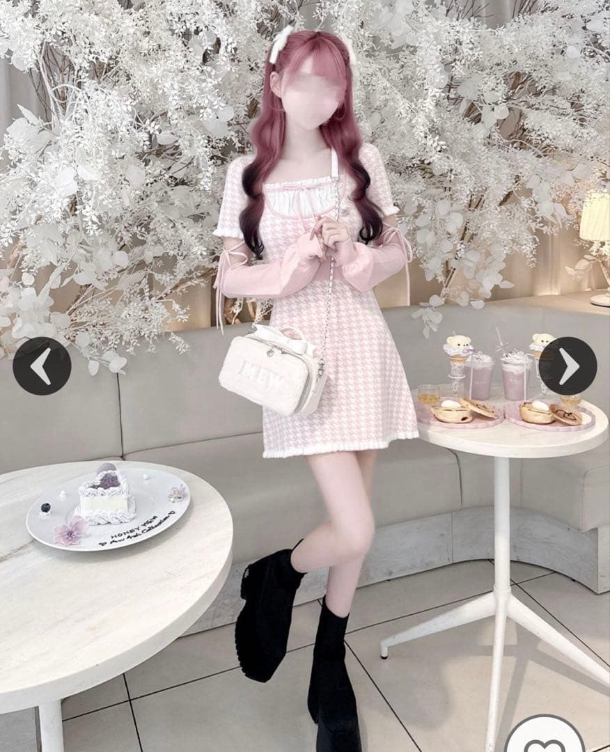 HONEY MEW アームカバー付きバックリボン千鳥ワンピース