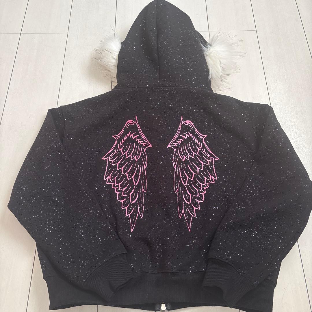 トップス 9090 girls CrossLogo glitterFurZipHoodie