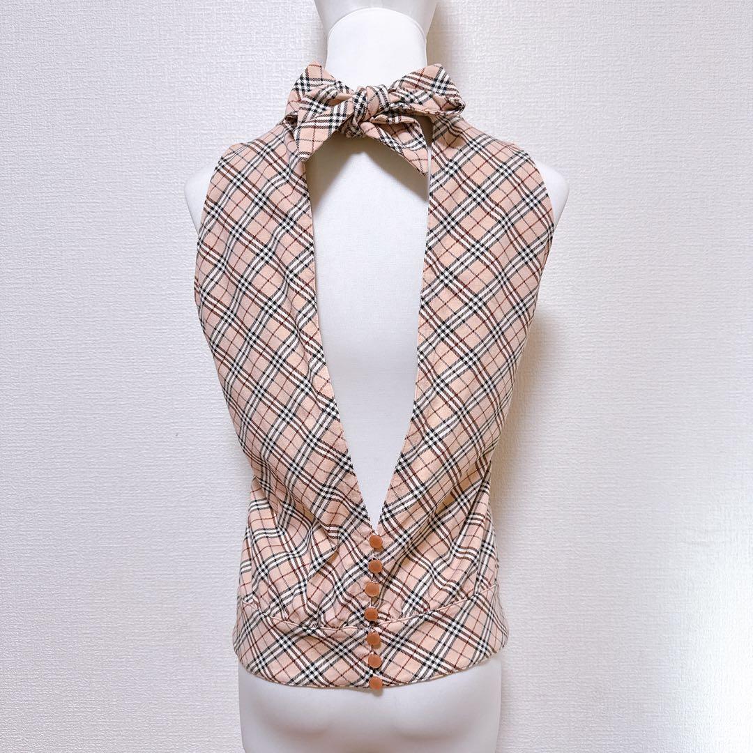 バーバリーブルーレーベル　バックオープンノースリーブ　ノバチェック　ピンク