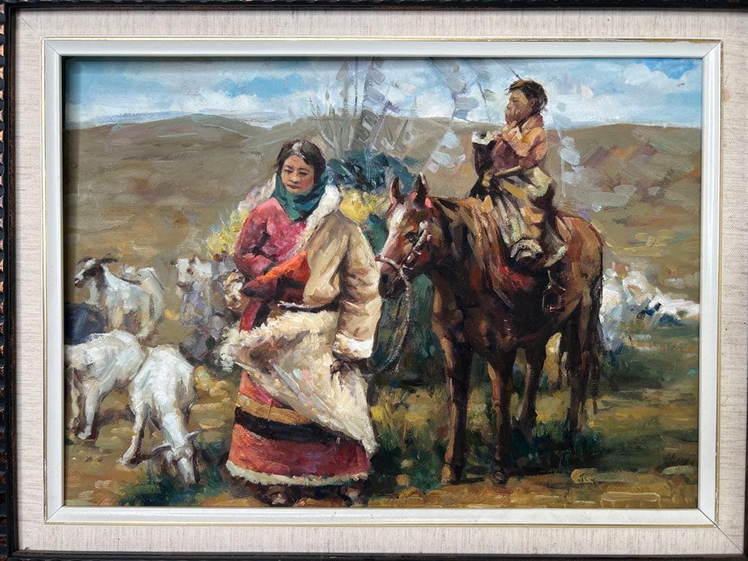 Liu Yong 油彩画 チベット　伝統的な衣装の人物と馬