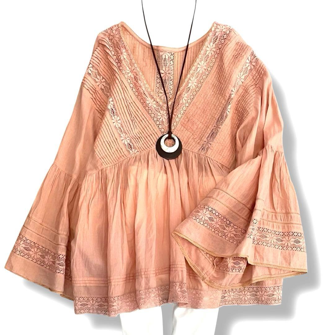 美品✨ヌキテパ コットンレースボイル 2WAYブラウス サーモンピンク