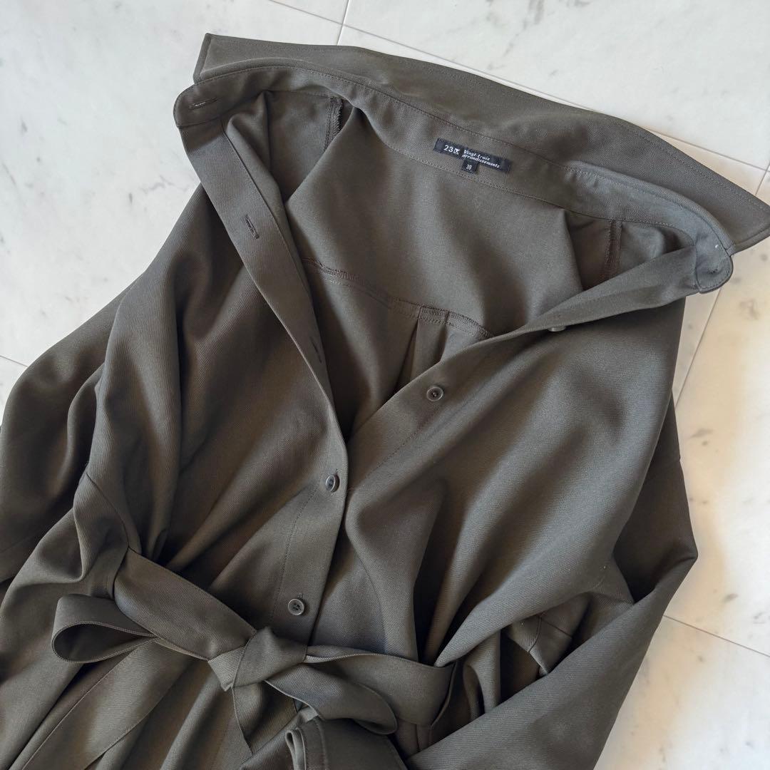 23区　シャツワンピース　ウール100 カーキ　ウエストリボン