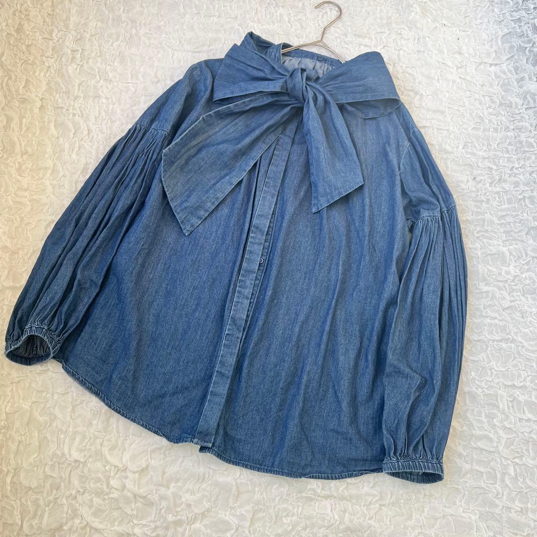 ミラオーウェン ボウタイ付き袖ボリュームデニムブラウス 2way