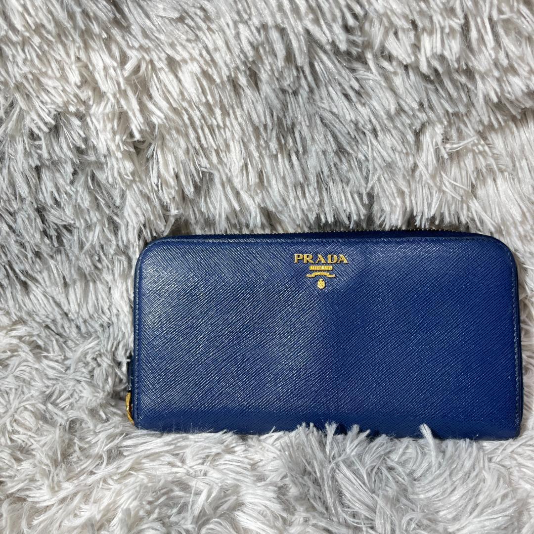 [大人気]　プラダ　サフィアーノ　長財布　レザー　ブルー　ラウンドファスナー