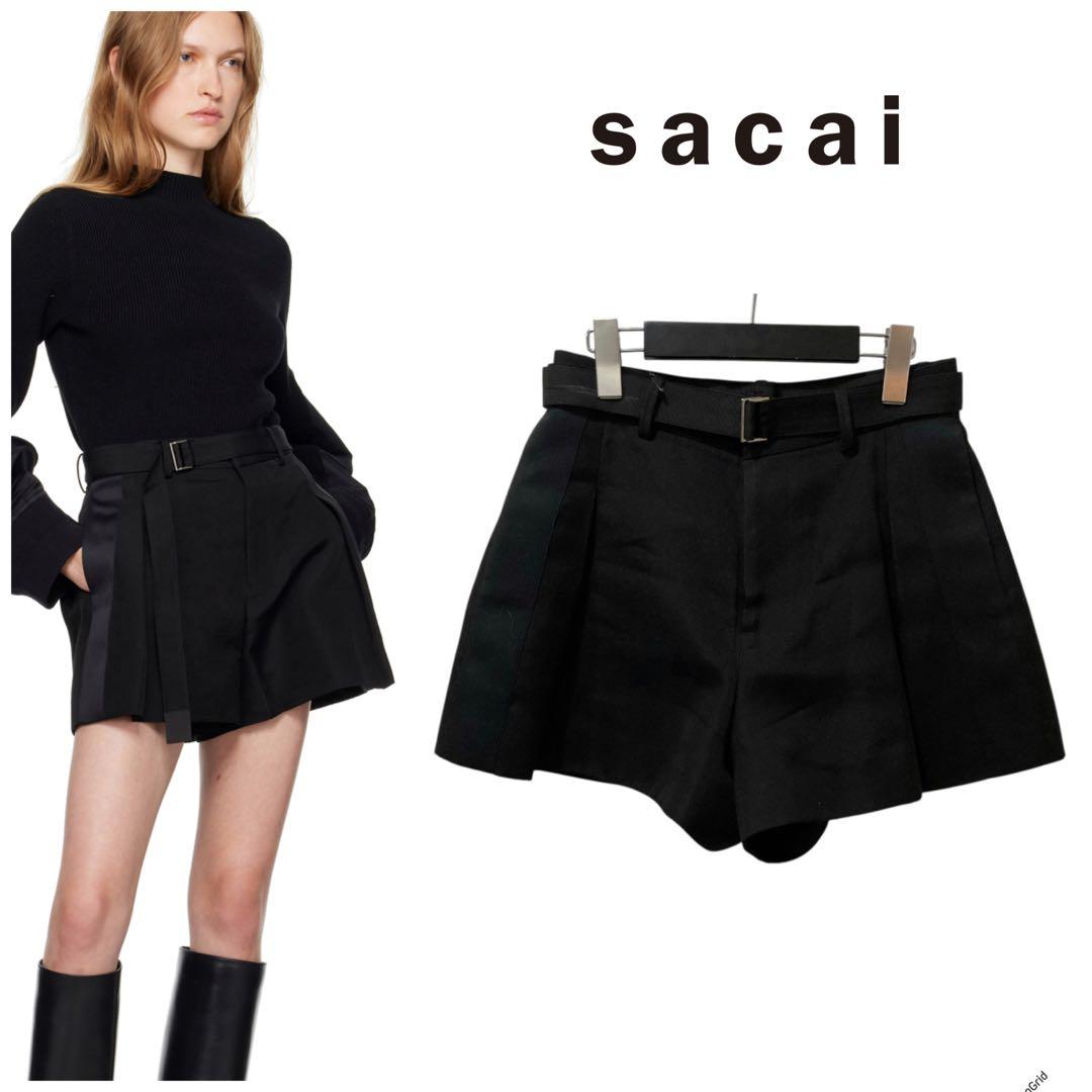 美品 sacai サカイ シルク ベルテッド ショートパンツ 黒