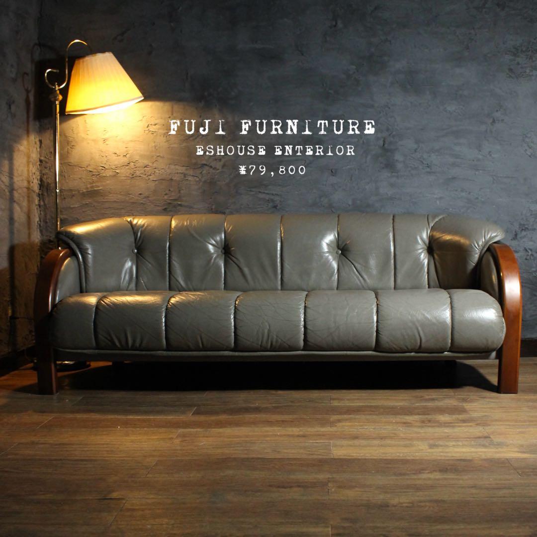 首都圏送無料〜オールドカラー&デザイン　本革　オーク肘掛け　3人掛け　美　ソファ