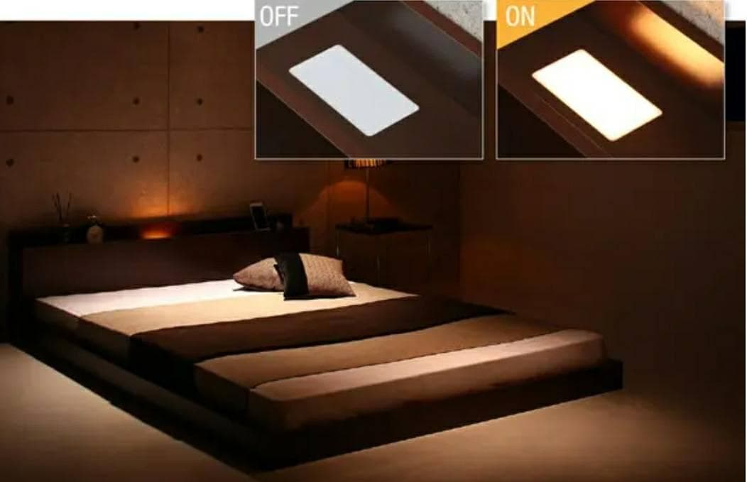 ダブル 棚コンセント付き シンプルモダンフロアベッド ダークブラウン