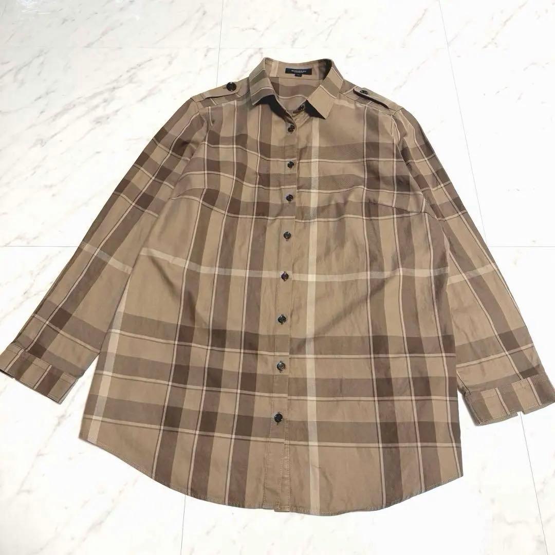 【美品】バーバリーロンドン メガチェック柄 長袖 シャツ 46 大きいサイズ 茶