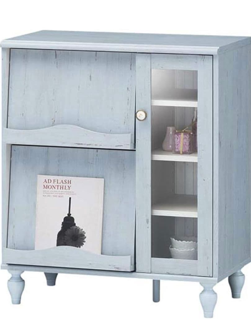 ライトブルー木製本棚 ガラス扉付き