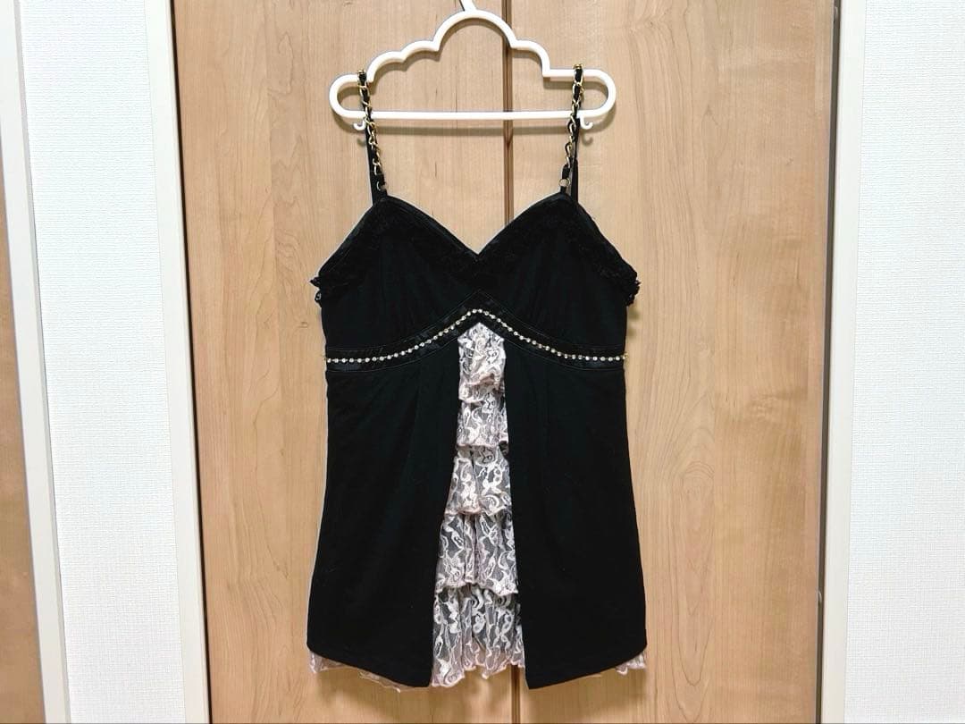 GOLDS♡肩紐チェーン♡ビジュー付き段々フリルレース♡キャミトップス♡黒M