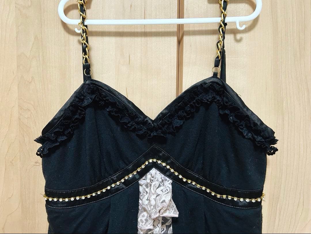 GOLDS♡肩紐チェーン♡ビジュー付き段々フリルレース♡キャミトップス♡黒M