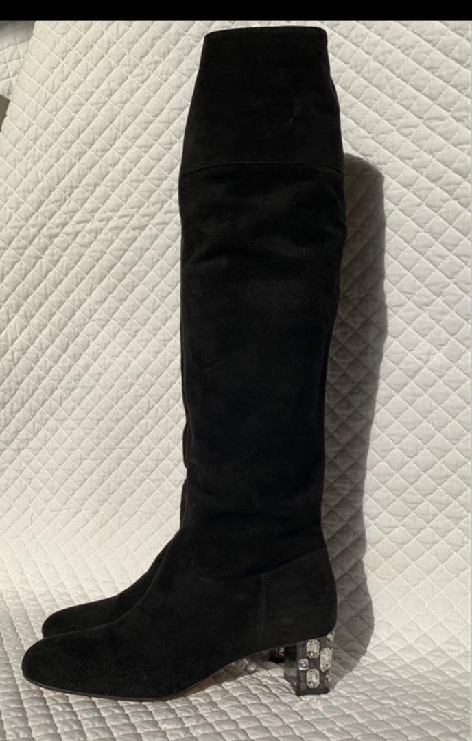 ミュウミュウ　ビジュー付き　スエード　ロングブーツ