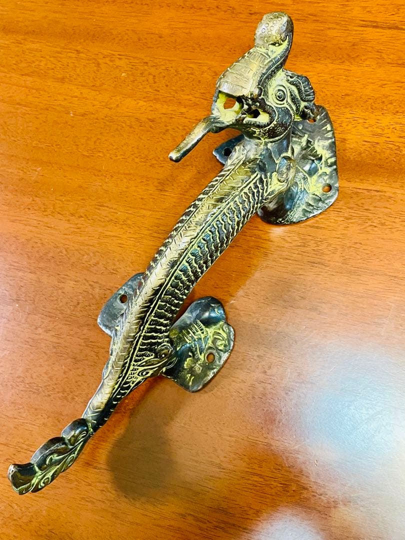 新品 送料無料 古色 アンティーク ドアハンドル ナーガ 龍神⑥約26㎝ 真鍮