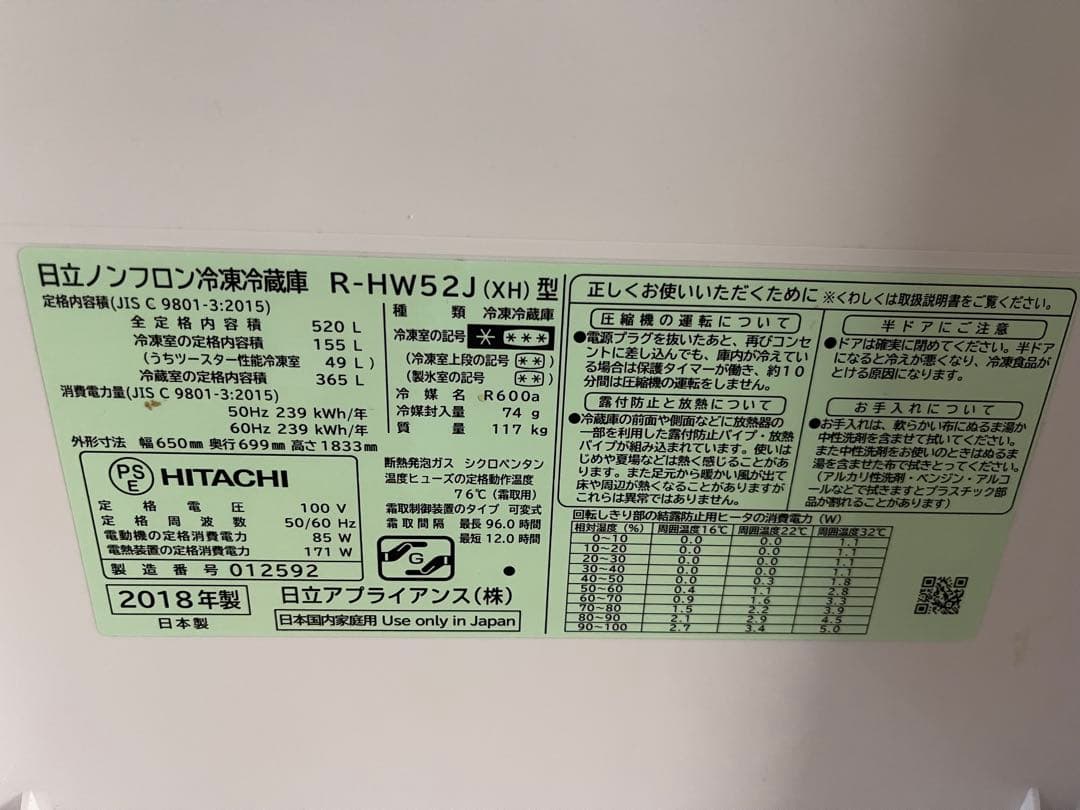 【値下げ】HITACHI 冷蔵庫 520L R-HW52J グレイッシュブラウン