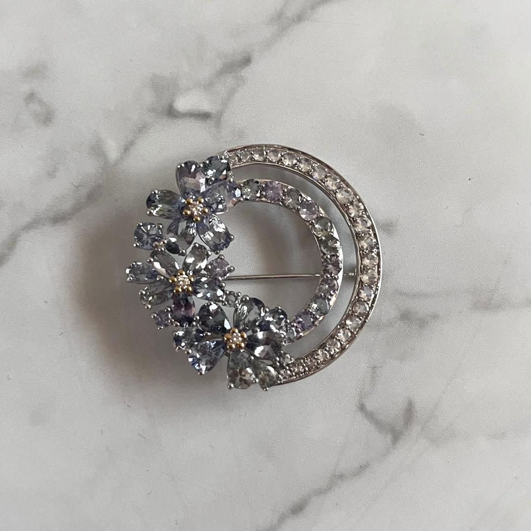 美品　GSTVタンザナイト×ダイヤSV950×K18 フラワーブローチ　刻印あり