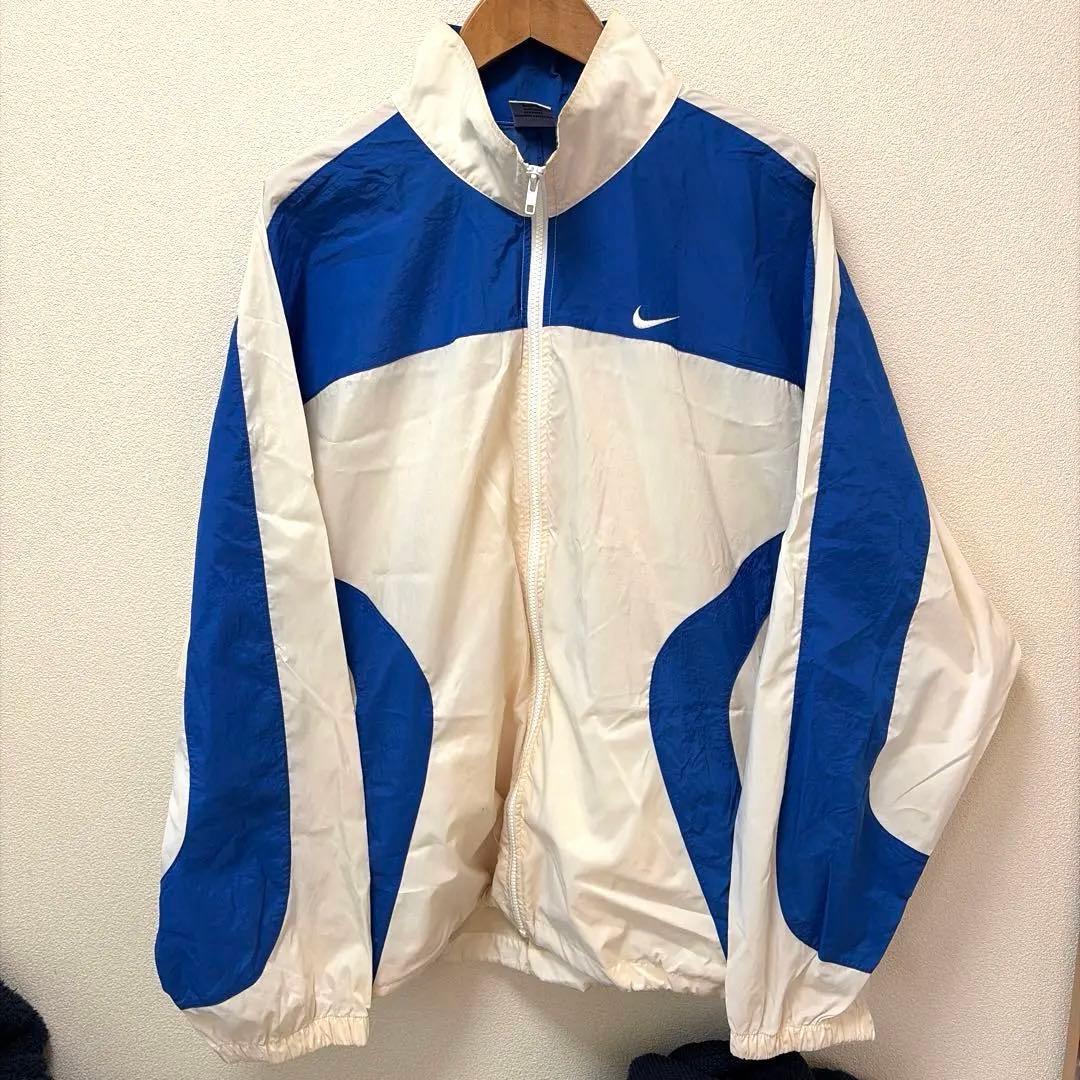 【希少XXL】ナイキ ナイロンジャケット 白 青 刺繍ロゴ90's 銀タグ