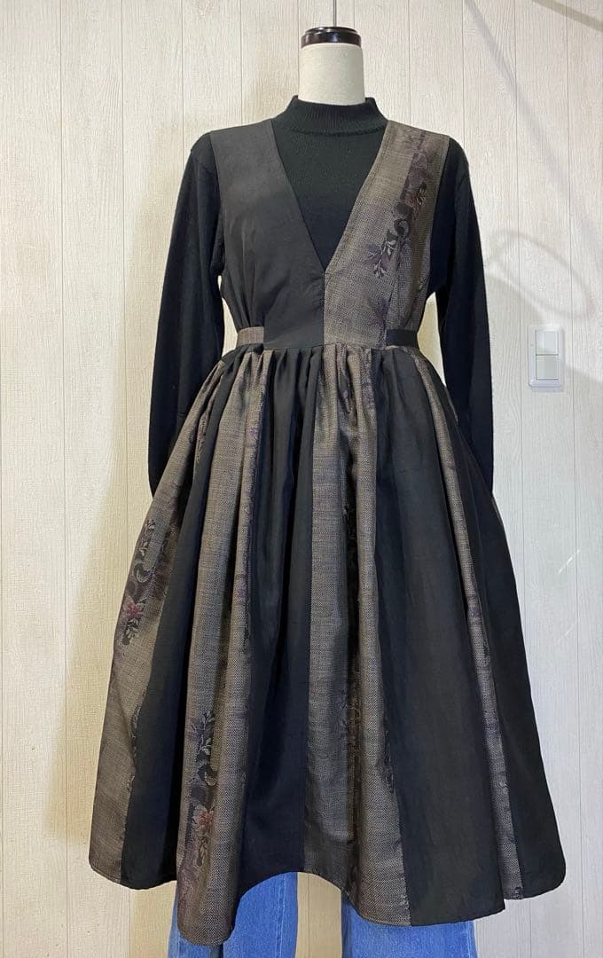 大島紬 正絹紬 2種使い タックたっぷりワンピース