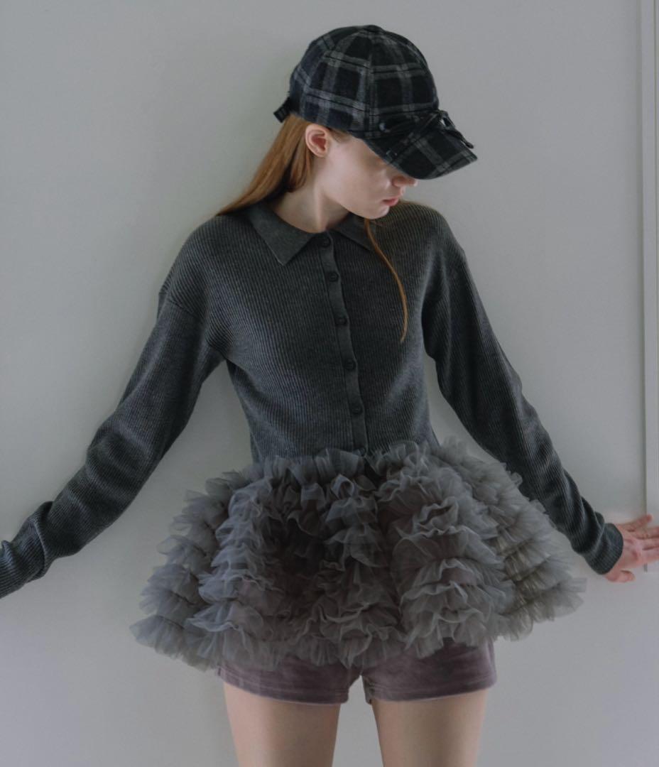 ハニーミーハニー tulle peplum polo knit cardigan