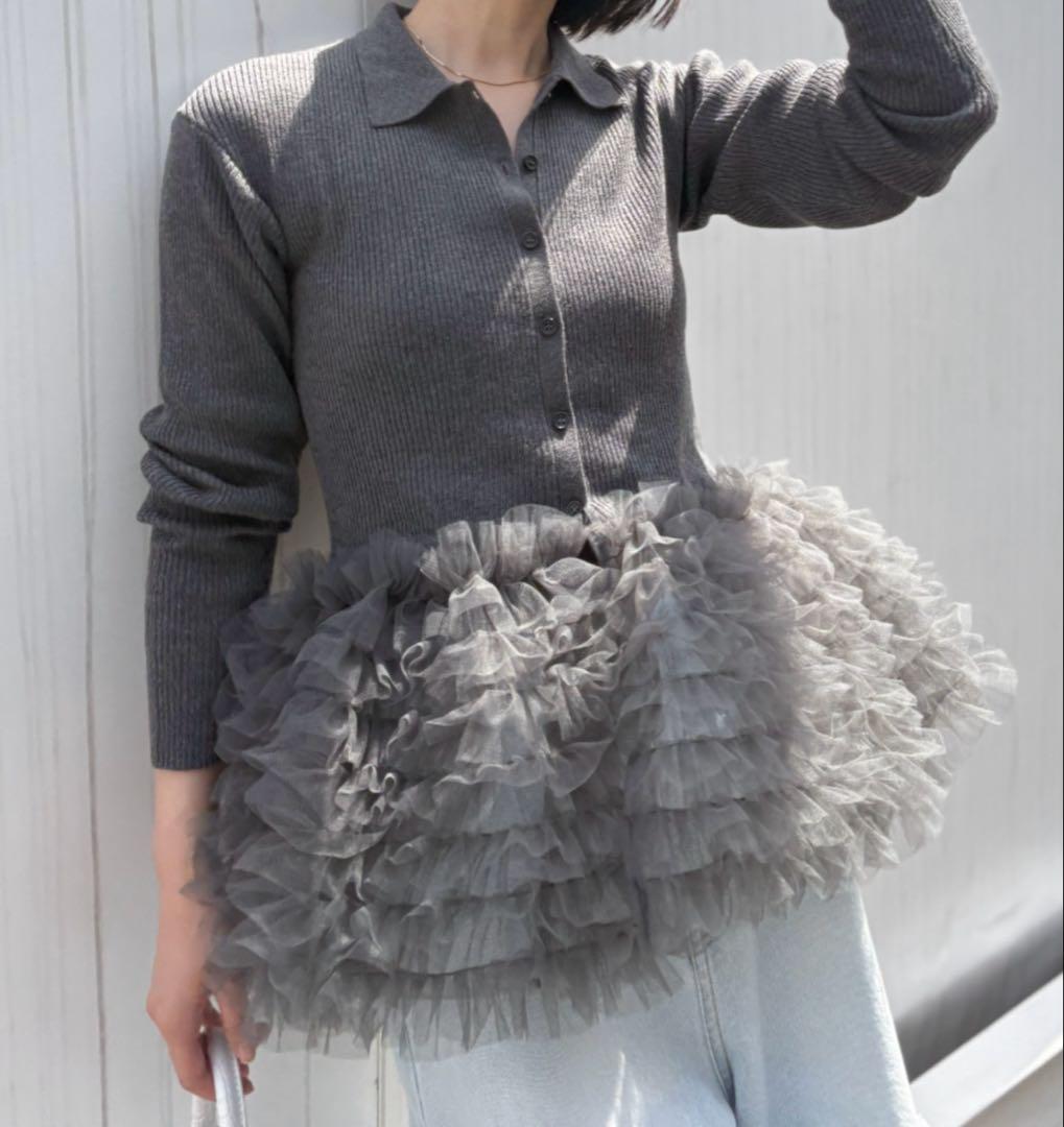 ハニーミーハニー tulle peplum polo knit cardigan