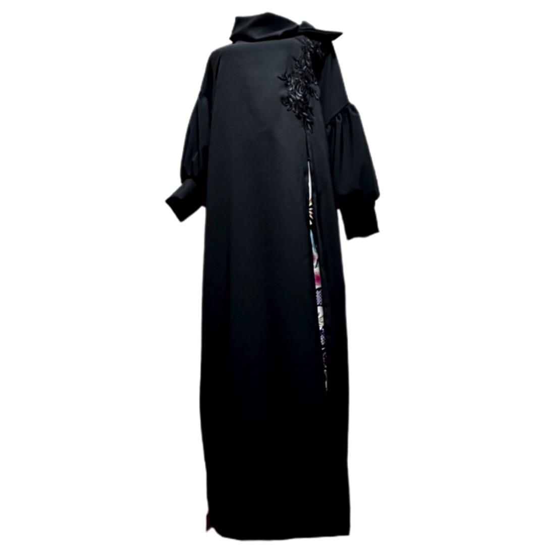 振袖　着物リメイク　ドレス　黒×金彩椿や菊や梅　和柄　ワンピース　ハンドメイド