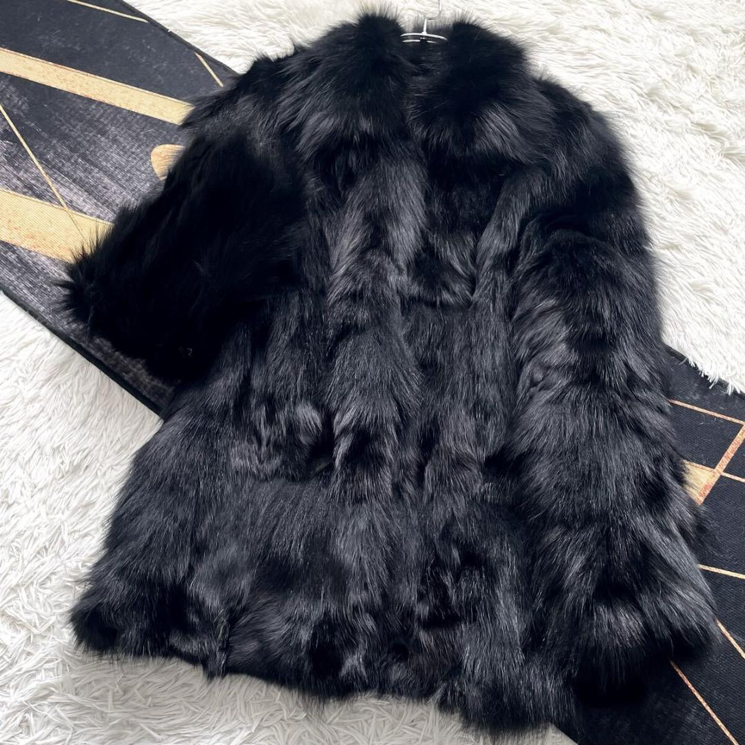 ボリューム◎/総丈81 黒 フォックス ファーコート 毛皮 L さらさら柔らか
