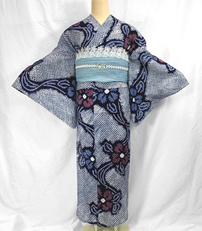 〇【最終値下げ】406mk20〇有松鳴海絞り 浴衣 花文 ややふくよか〇美品