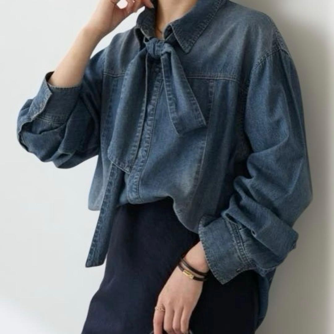 デニムリボン付き長袖シャツ