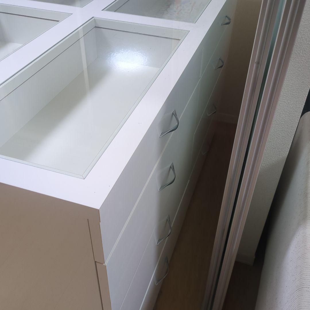 特注オーダー定価30万　鏡張りホワイト木製チェスト 6段 ガラス引き出し付き