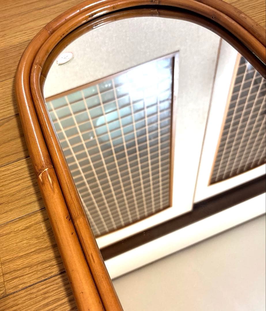 美品 ラタン 籐 アンティーク ミラー 姿見 全身鏡