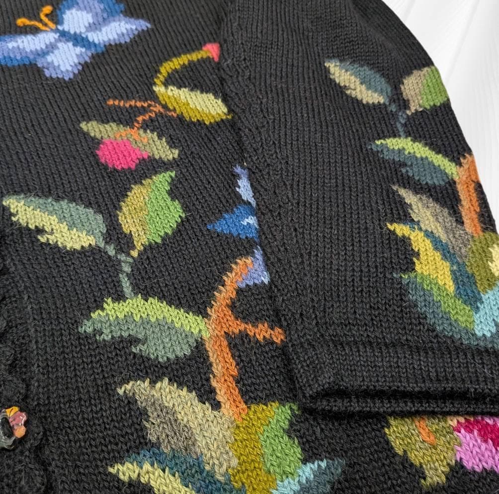 アルパカ １００％ 花柄 カーディガン ブラック Ｍ～Ｌ相当