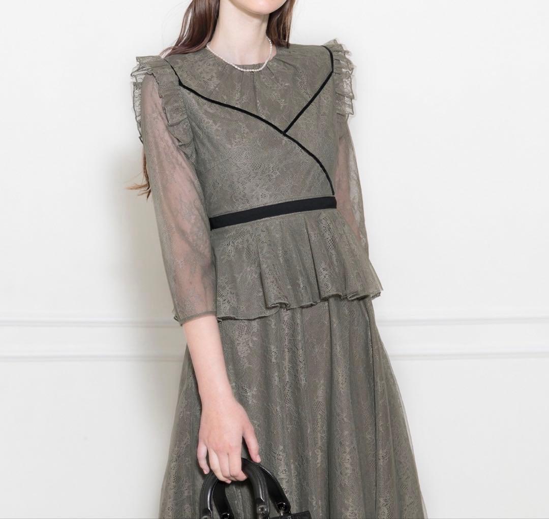 Leja 7分丈ワンピース グリーン パーティードレス 結婚式 総レース花柄