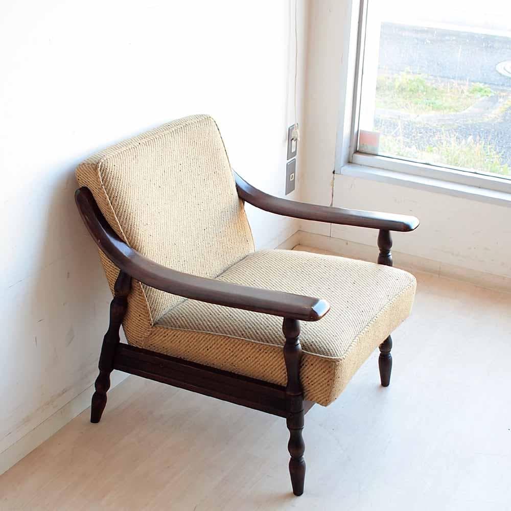 オールドカリモク シングルソファ B 木肘 ビンテージ ZR24194