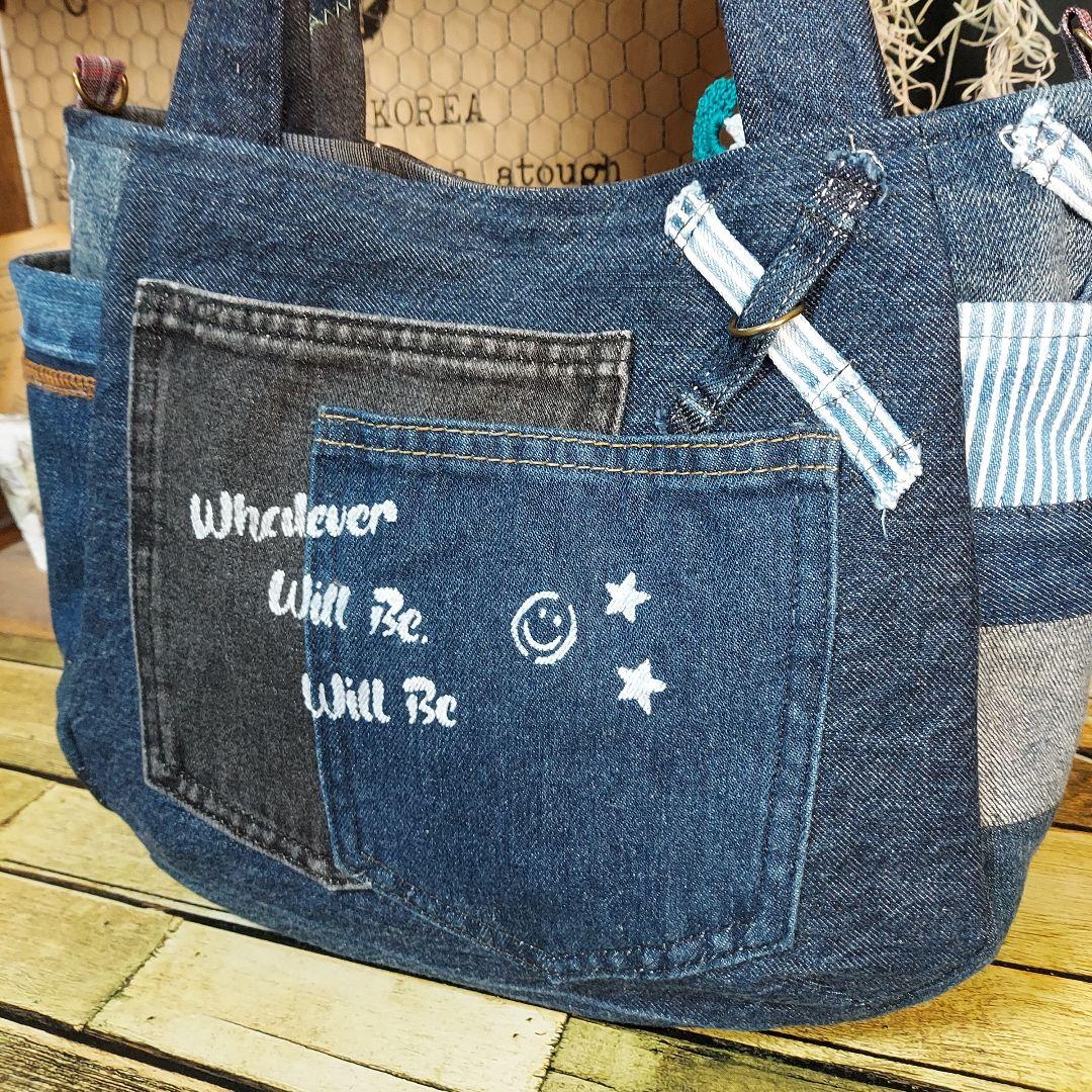 刺繍デニムバック　No.668　デニムリメイク　刺繍バック　チューリップバック
