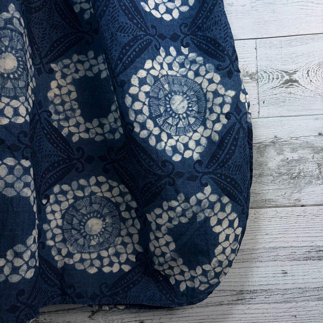 ☆美品☆45R 抜染プリントのビッグシャツドレス（インディゴ）　0サイズ