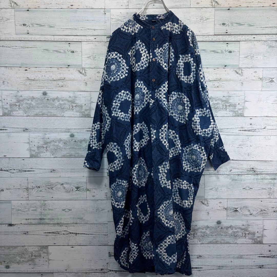☆美品☆45R 抜染プリントのビッグシャツドレス（インディゴ）　0サイズ