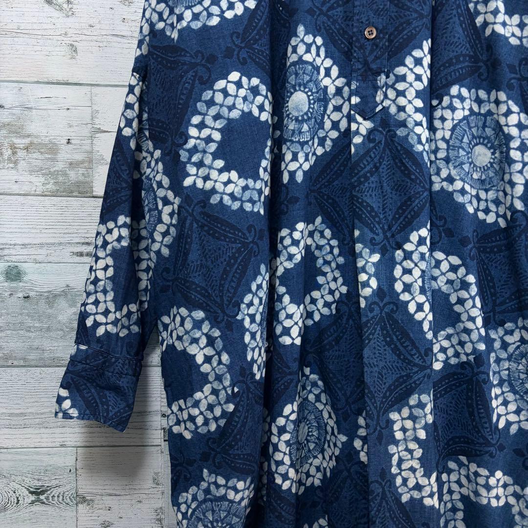☆美品☆45R 抜染プリントのビッグシャツドレス（インディゴ）　0サイズ