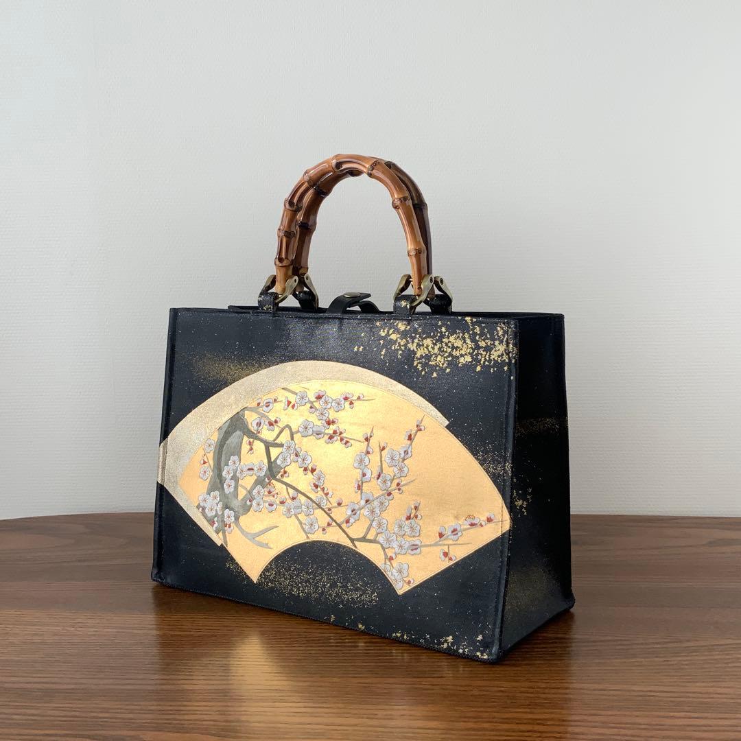 きらめく扇面に刺繍の白梅　袋帯　リメイク　バンブーハンドルバッグ　浅型マチ広め