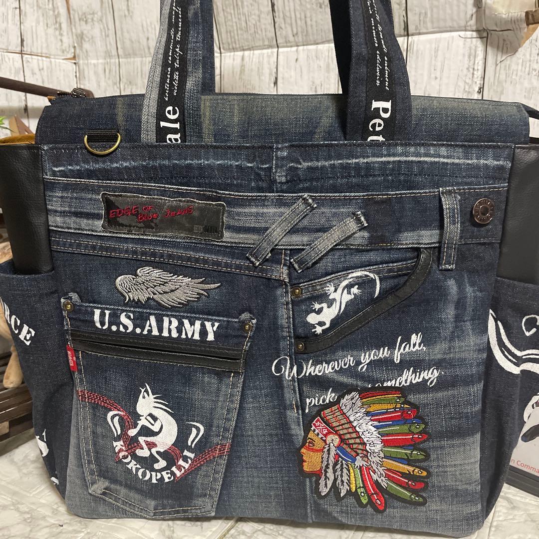 No.524 デニムリメイク　BIGサイズ　肩掛けトートバッグ　インディアン