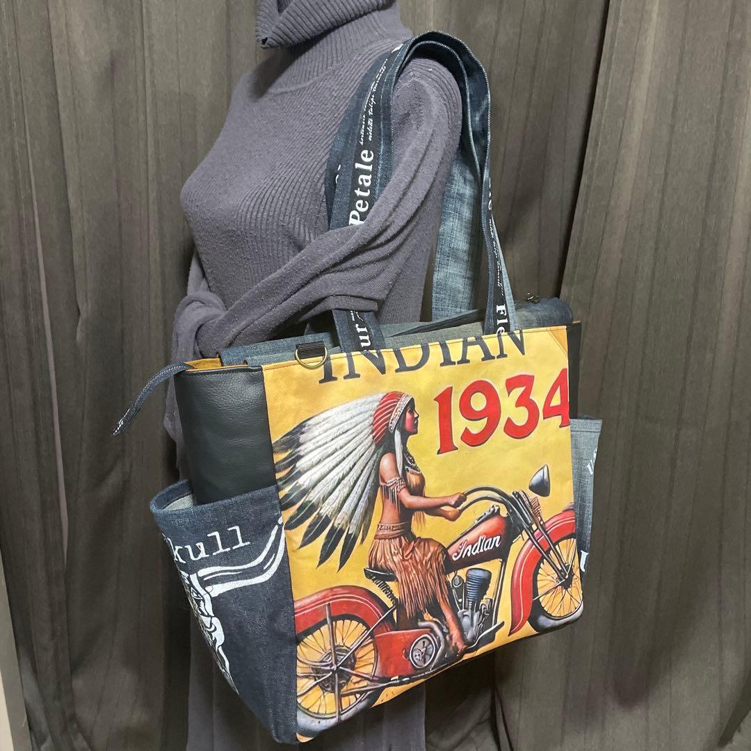 No.524 デニムリメイク　BIGサイズ　肩掛けトートバッグ　インディアン