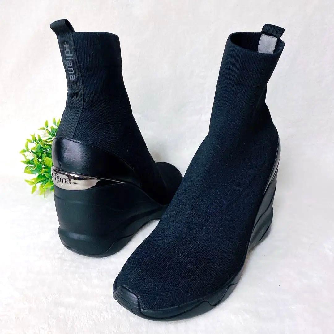 未使用級+ダイアナ ニットスニーカーブーツ 24cm 黒 軽量 ウェッジソール