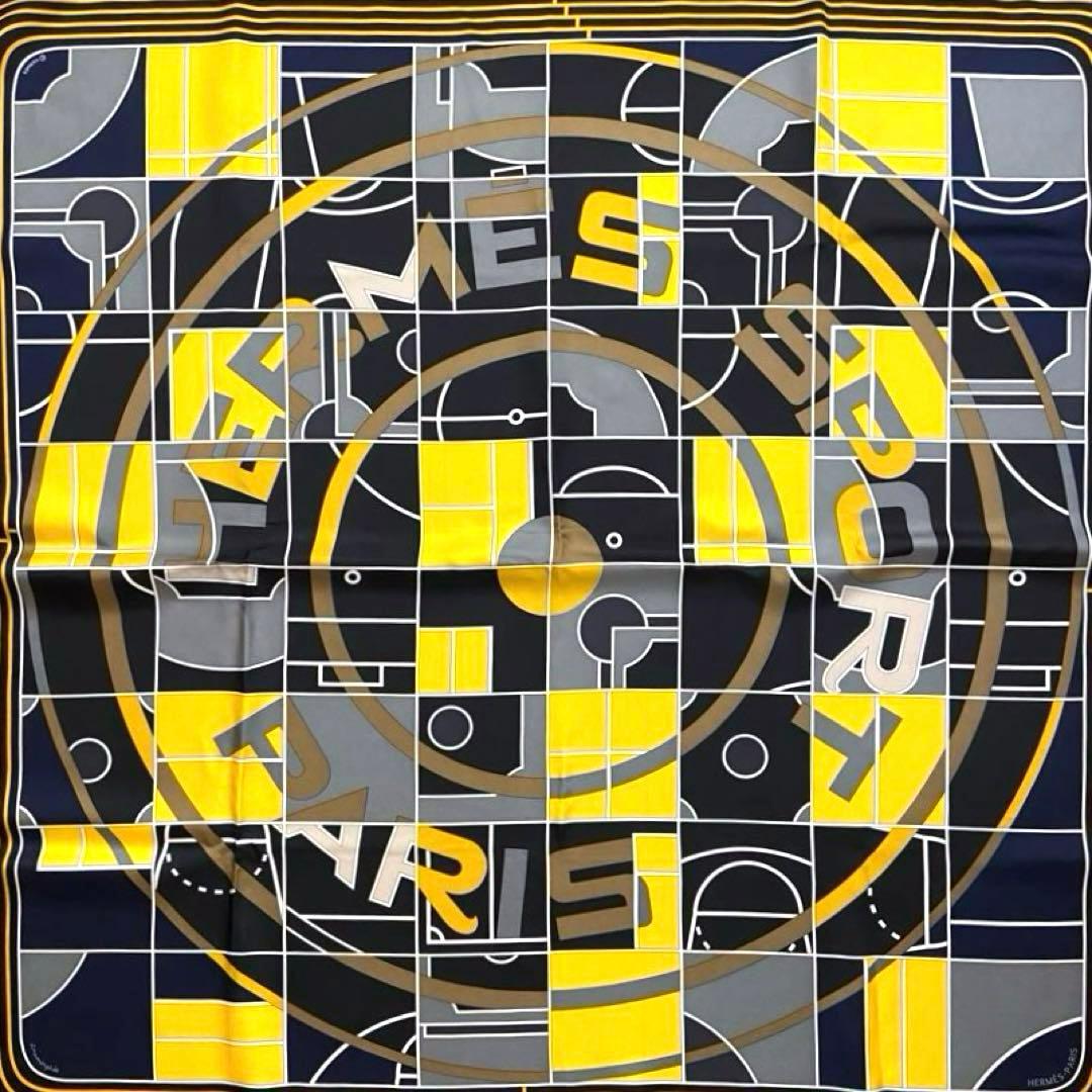 美品 エルメス シルクスカーフ カレ90 エルメススポーツ 黒色 黄色 灰色