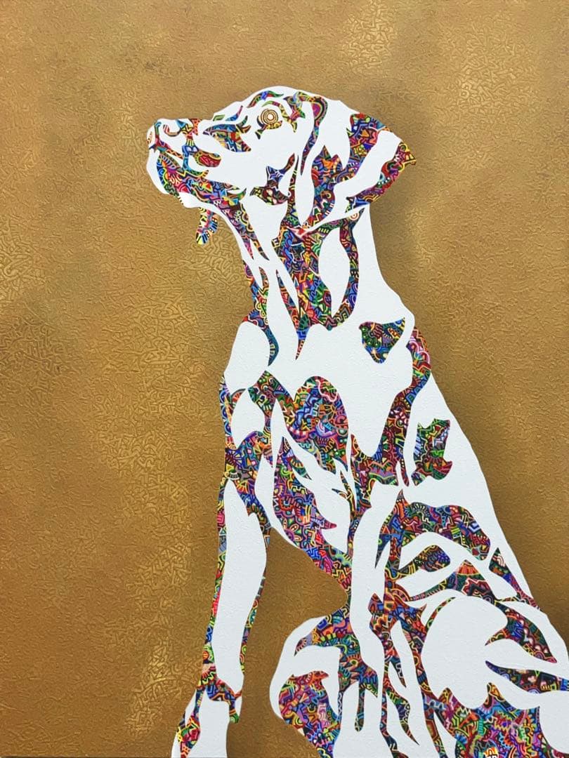 原画　犬　動物画　絵画　アクリル画　現代アート　細密画　手描き　一点物