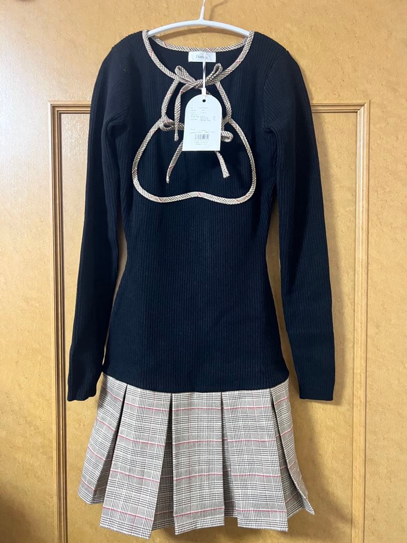 新品タグ付 ダーリッチ ポイントチェックニットミニワンピース FL