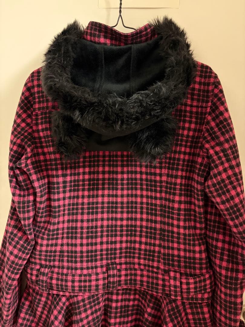 ALGONQUINS ピンク チェック 猫耳 フード ファー アウター