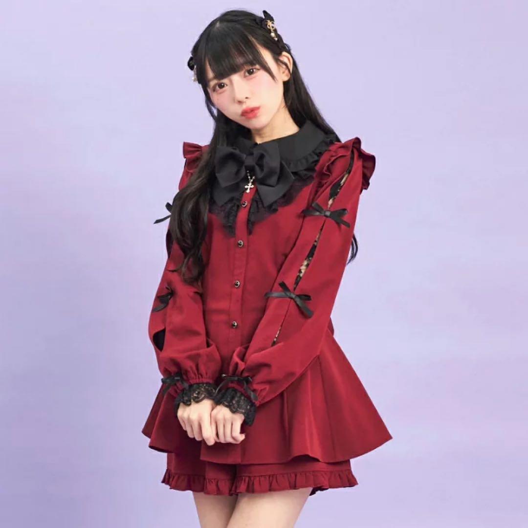 袖スリットレースフリルセットアップ ワイン