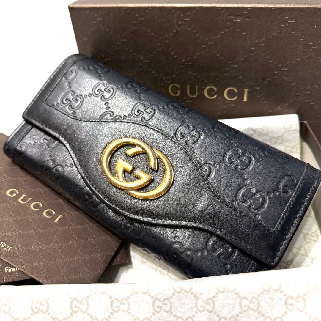 美品☆GUCCI 長財布 シマ インターロッキング フラップ 箱付き ブラック