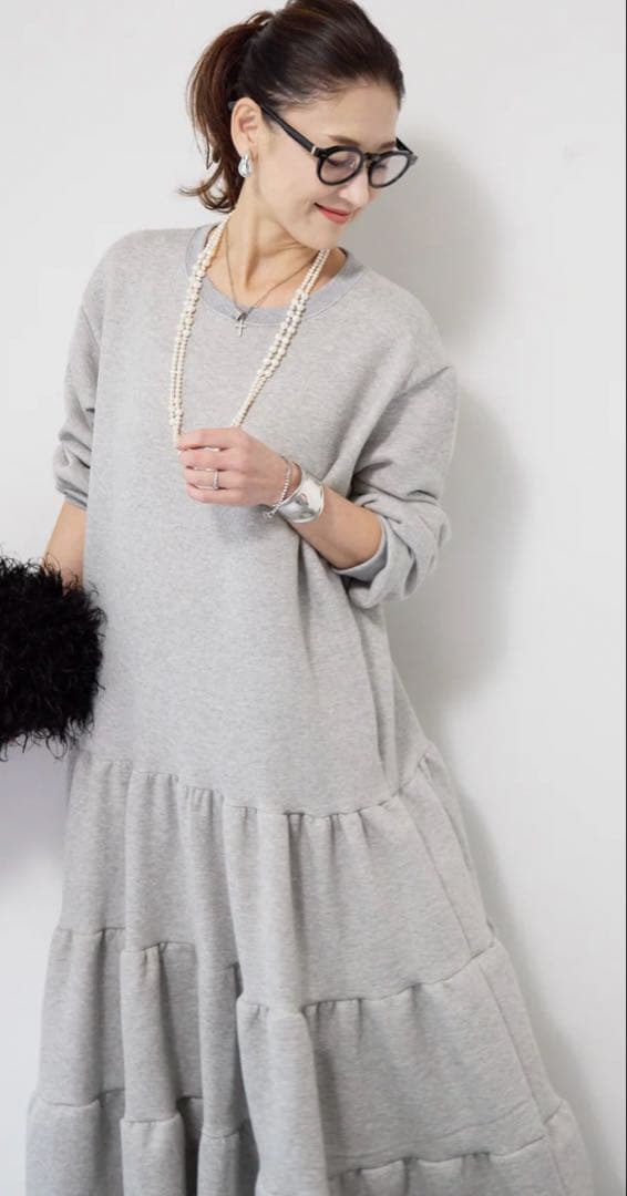 plus OTO.HA裏起毛ティアードスウェットワンピース　グレー