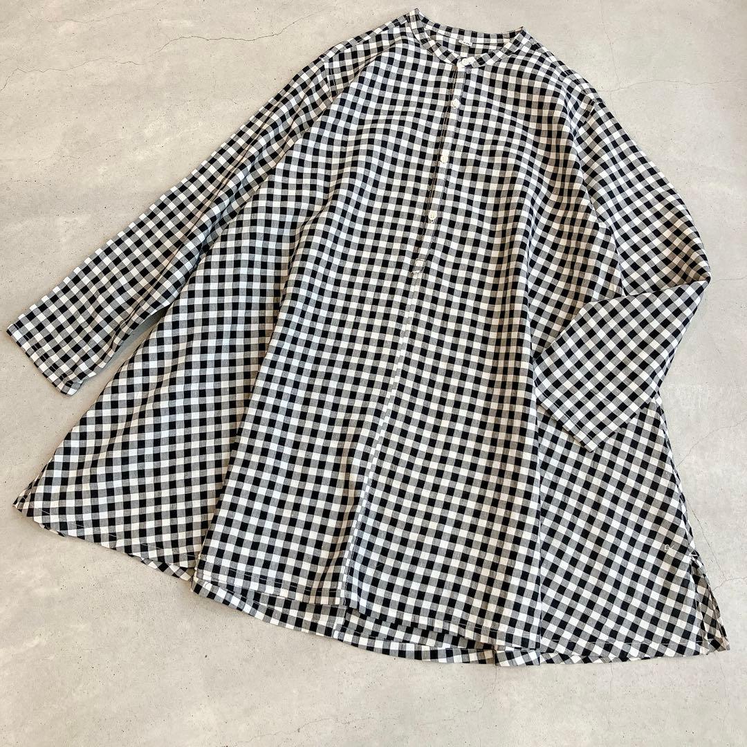 美品✦ฺ45R ギンガムチェック リネン チュニック ブラウス R刺繍